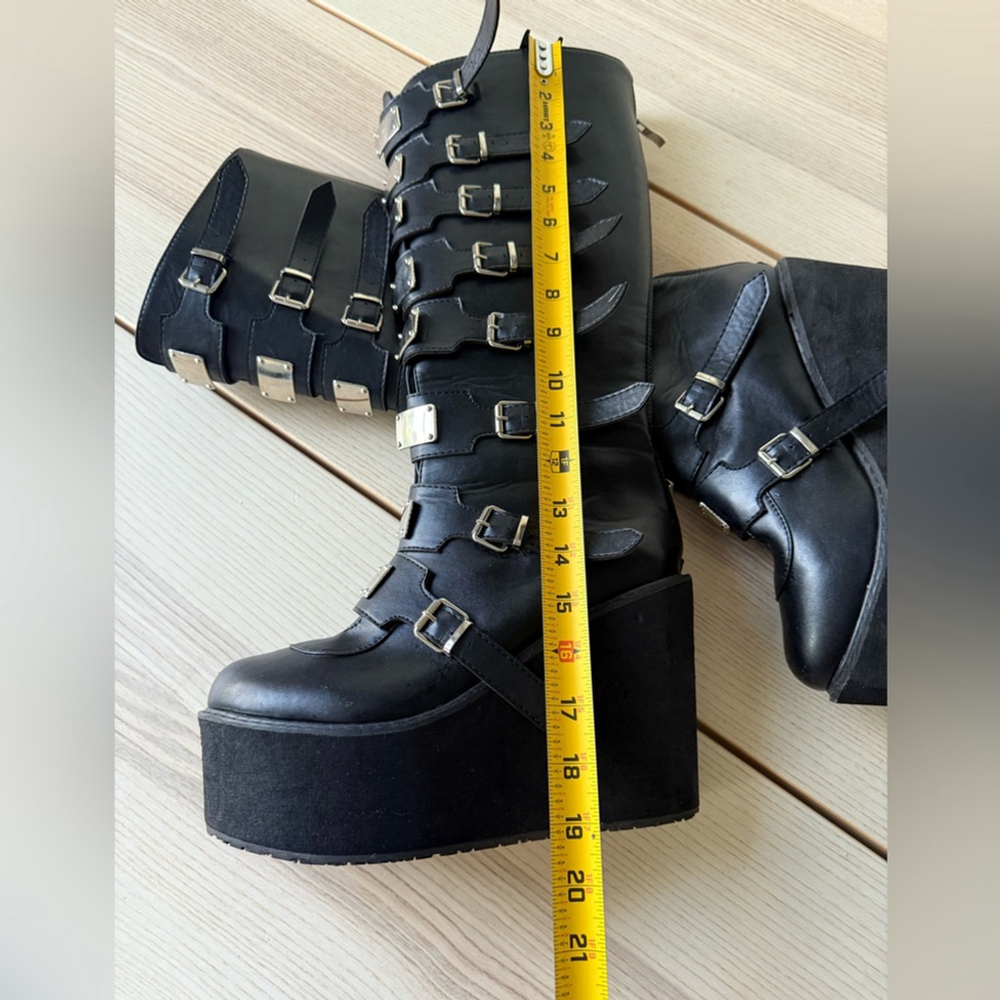 Swing adam knee boots metalic Black Multi-Buckle Platform women mid calf size 9 - Picture 4 of 8